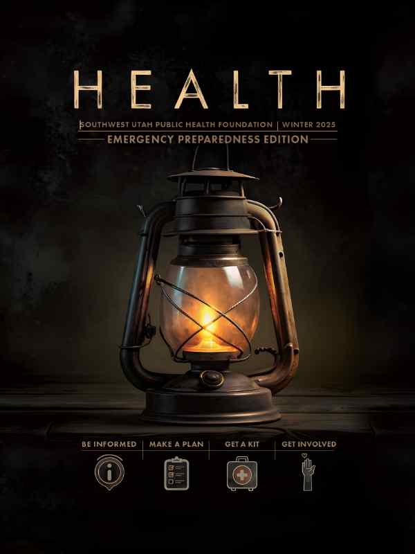 Cover of “HEALTH” magazine, Southwest Utah Public Health Foundation, Winter 2025 Emergency Preparedness Edition. The image shows a glowing kerosene lantern centered against a dark background, with emergency preparedness themes. Along the bottom are four icons with labels: “Be Informed,” “Make a Plan,” “Get a Kit,” and “Get Involved.”
