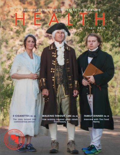 Front cover of "HEALTH" magazine, Fall 2014 issue, featuring a photograph of three historical reenactors standing outdoors dressed in 18th-century clothing.