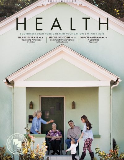 Front cover of "HEALTH" magazine by the Southwest Utah Public Health Foundation, Winter 2016 issue. The photograph shows a multi-generational family interacting cheerfully on the front porch of a light green house.