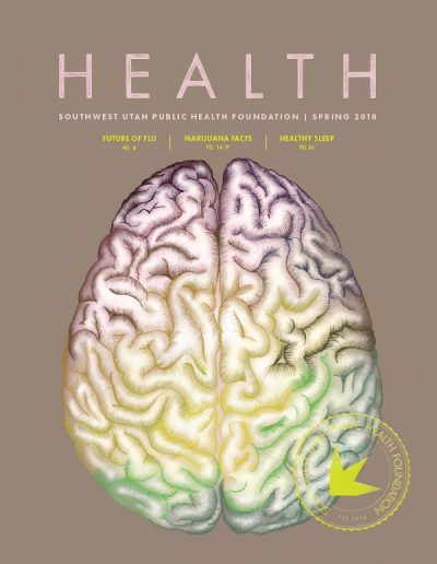 Front cover of "HEALTH" magazine by the Southwest Utah Public Health Foundation, Spring 2018 issue. The central artwork features a detailed, hand-drawn illustration of a human brain viewed from above, subtly tinted with shades of pink, yellow, and green on a solid brown background.