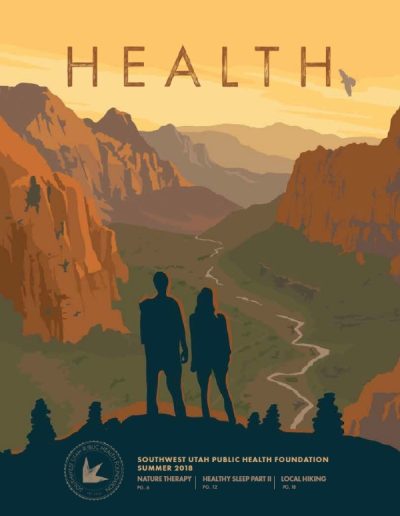 Front cover of "HEALTH" magazine by the Southwest Utah Public Health Foundation, Summer 2018 issue. The stylized, vector-art illustration shows the dark silhouettes of a man and a woman standing on a cliff edge overlooking a vast desert canyon landscape under a warm golden-orange sunset sky. A river winds through the green valley floor between red rock canyon walls. Text at the bottom outlines articles on "Nature Therapy," "Healthy Sleep Part II," and "Local Hiking."