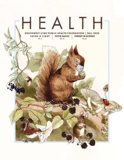 Front cover of "HEALTH" magazine by the Southwest Utah Public Health Foundation, Fall 2020 issue. The central artwork is a whimsical watercolor illustration of woodland animals, featuring a large brown squirrel perched on a blackberry branch wearing a light blue surgical mask over its snout while holding a sweet chestnut. Nearby are a field mouse, a small bird, mushrooms, a ladybug, and a caterpillar. Text at the top highlights articles on "Shine a Light," "Covid Basics," and "Strides in Science."
