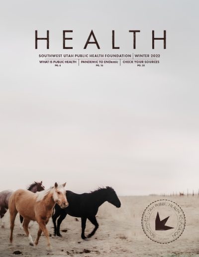 Front cover of "HEALTH" magazine by the Southwest Utah Public Health Foundation, Winter 2022 issue. The dark brown typography at the top highlights articles on "What is Public Health," "Pandemic to Endemic," and "Check Your Sources." The main photograph shows three horses—one light palomino, one dark brown, and one black—running across a dry, grassy field under an overcast, hazy sky. A circular foundation stamp is in the lower right corner.