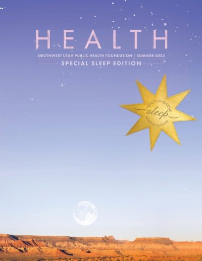 Front cover of "HEALTH" magazine by the Southwest Utah Public Health Foundation, Summer 2023 "Special Sleep Edition." The background is a gradient night sky transitioning from deep purple to twilight blue, filled with faint, white stars. A large, bright full moon hangs low over a wide landscape of red rock mesas and plateaus. On the right, a large, gold, eight-pointed star badge reads "Health Magazine - sleep - Special Edition."