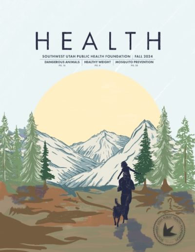 The front cover of HEALTH Magazine's Fall 2024 issue by the Southwest Utah Public Health Foundation. The top displays the bold title "HEALTH" with subheadings for featured topics: "Dangerous Animals," "Healthy Weight," and "Mosquito Prevention." The main illustration is a stylized, earthy-toned landscape featuring a silhouette of a person carrying a child on their shoulders, walking alongside a dog. They are hiking on a trail surrounded by green pine trees, with snow-capped mountains and a large, pale yellow sun rising or setting in the background. A circular foundation seal is in the bottom right corner.
