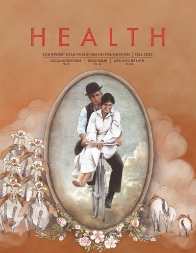Magazine cover for HEALTH: Southwest Utah Public Health Foundation, Fall 2025, featuring a vintage-style illustration of a man and woman riding together on a bicycle within an oval frame. The surrounding artwork includes a dusty orange background with a stampede of horses and riders on the left and floral accents at the bottom. Featured articles include Local Adventures, Road Rules, and Life and Breath.